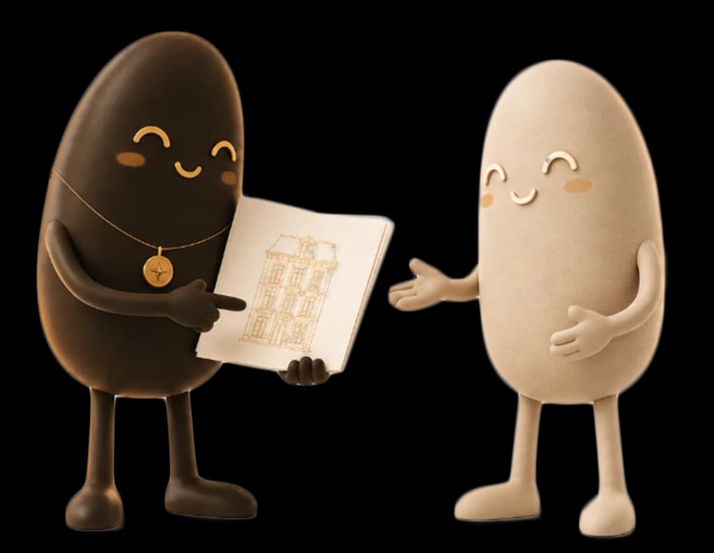 Two Cléa characters discussing an architectural property drawing during a viewing