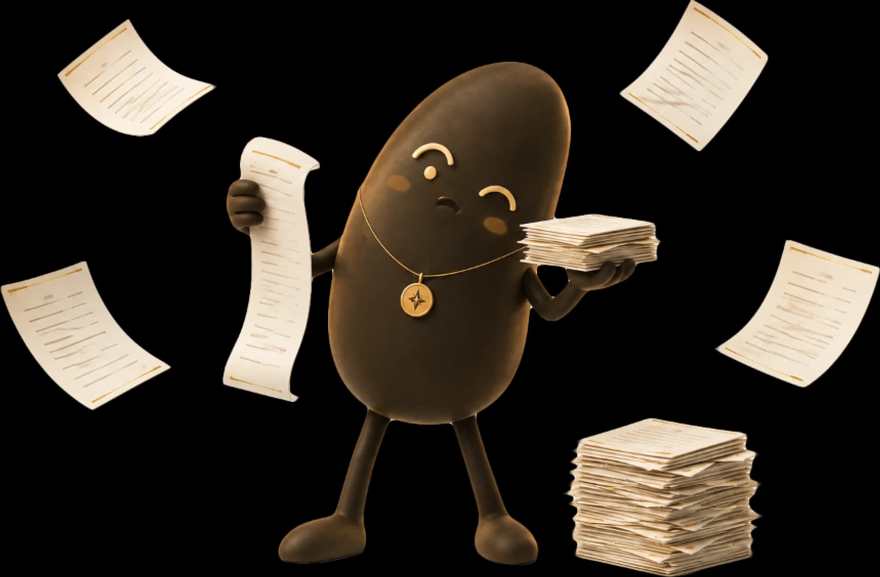 Cléa character sorting through paperwork and scattered documents
